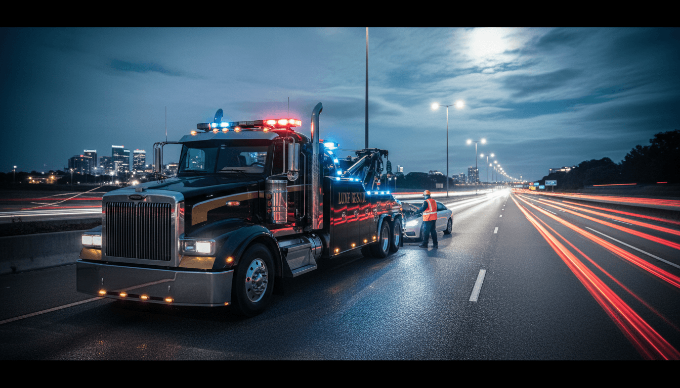 Professional towing truck with emergency lighting responding to roadside assistance call