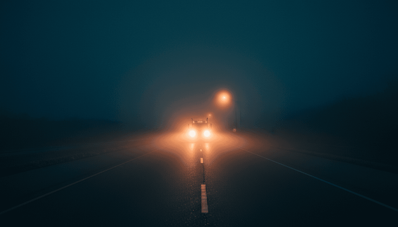 Tow truck headlights on a dark highway at night