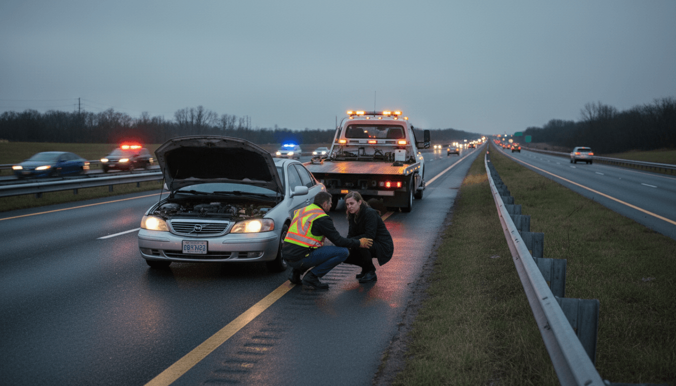 Tow truck driver helping a stranded driver on the roadside