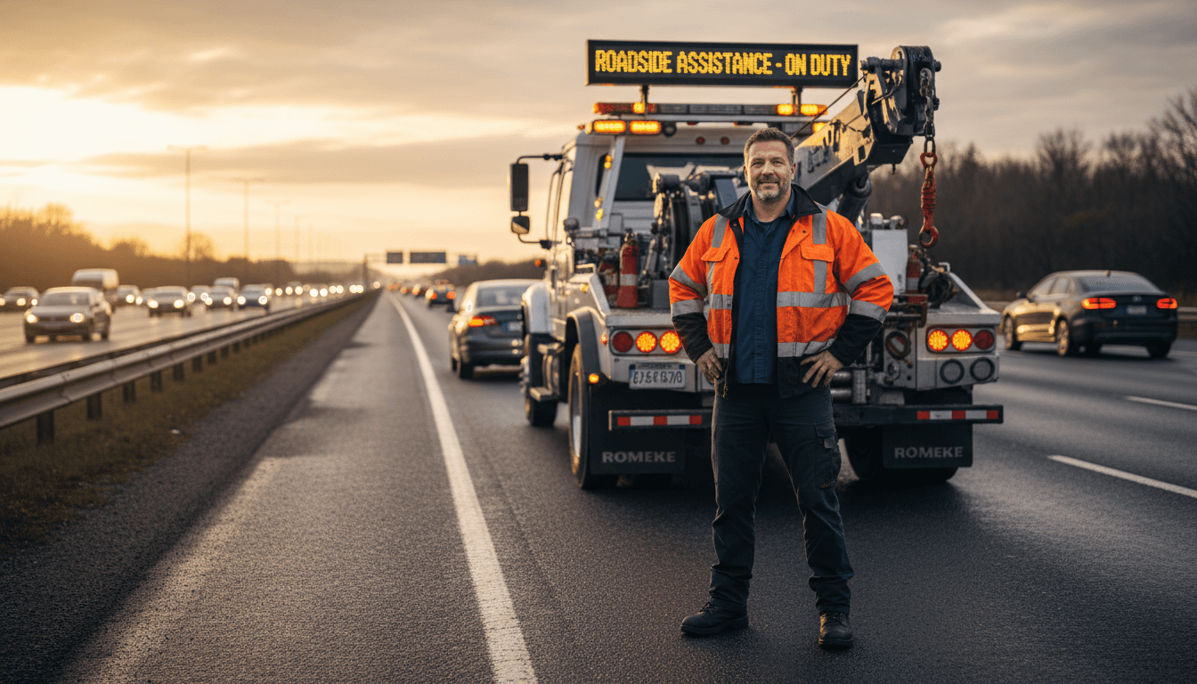 Tow truck operator in professional uniform responding to roadside emergency