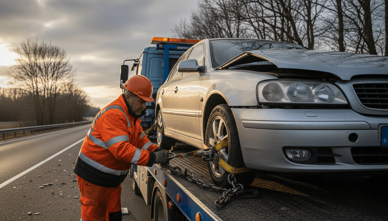 Accident scene recovery with professional towing equipment