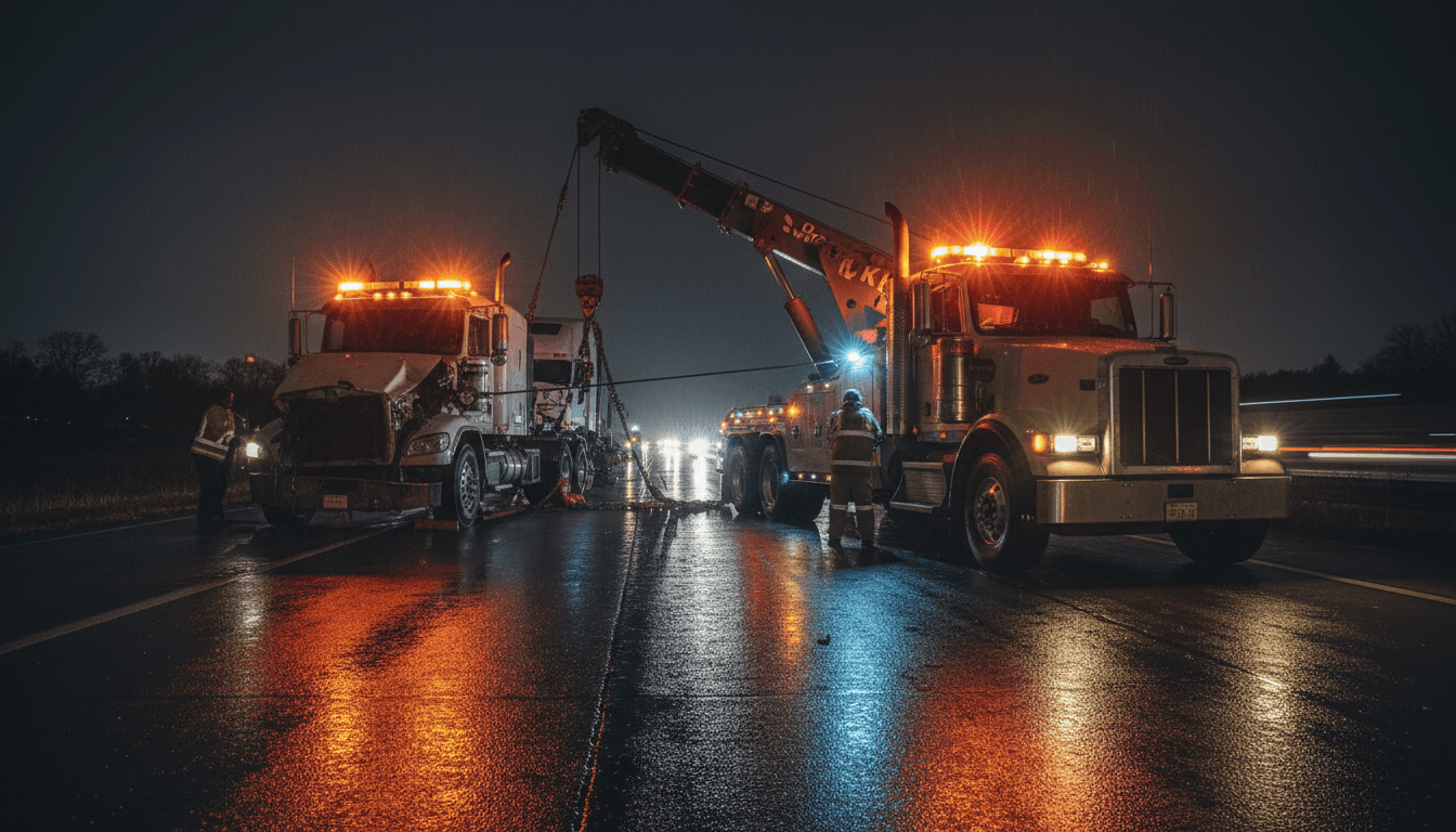 DMV Towing emergency response truck on highway at night