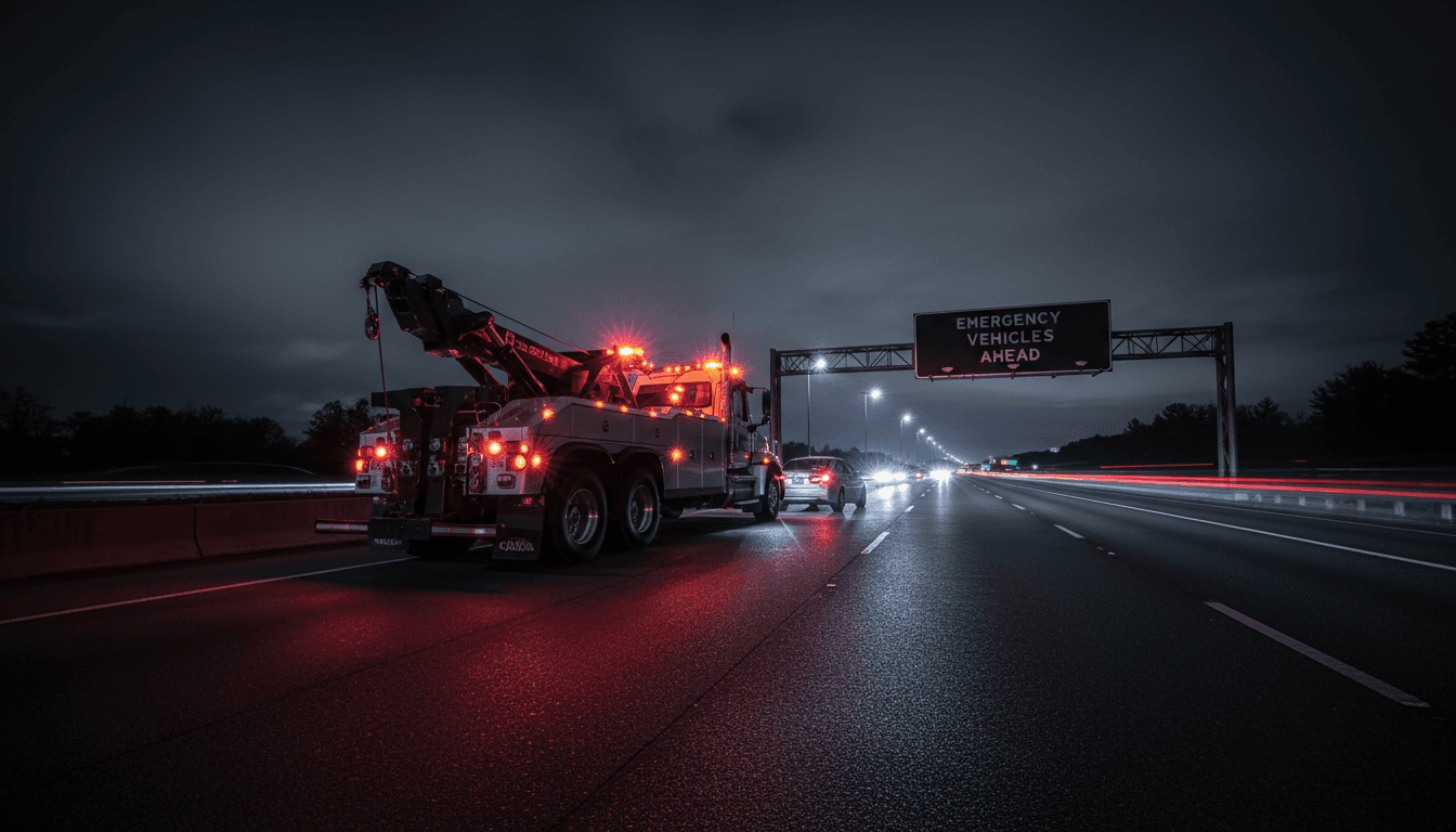 Professional towing truck responding to emergency call at night on highway