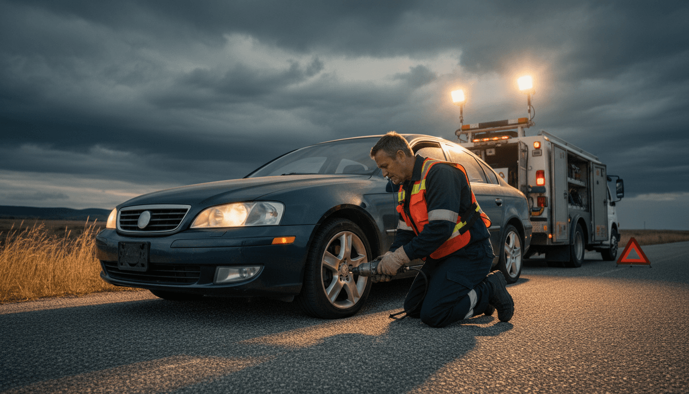 Technician providing roadside assistance for flat tire